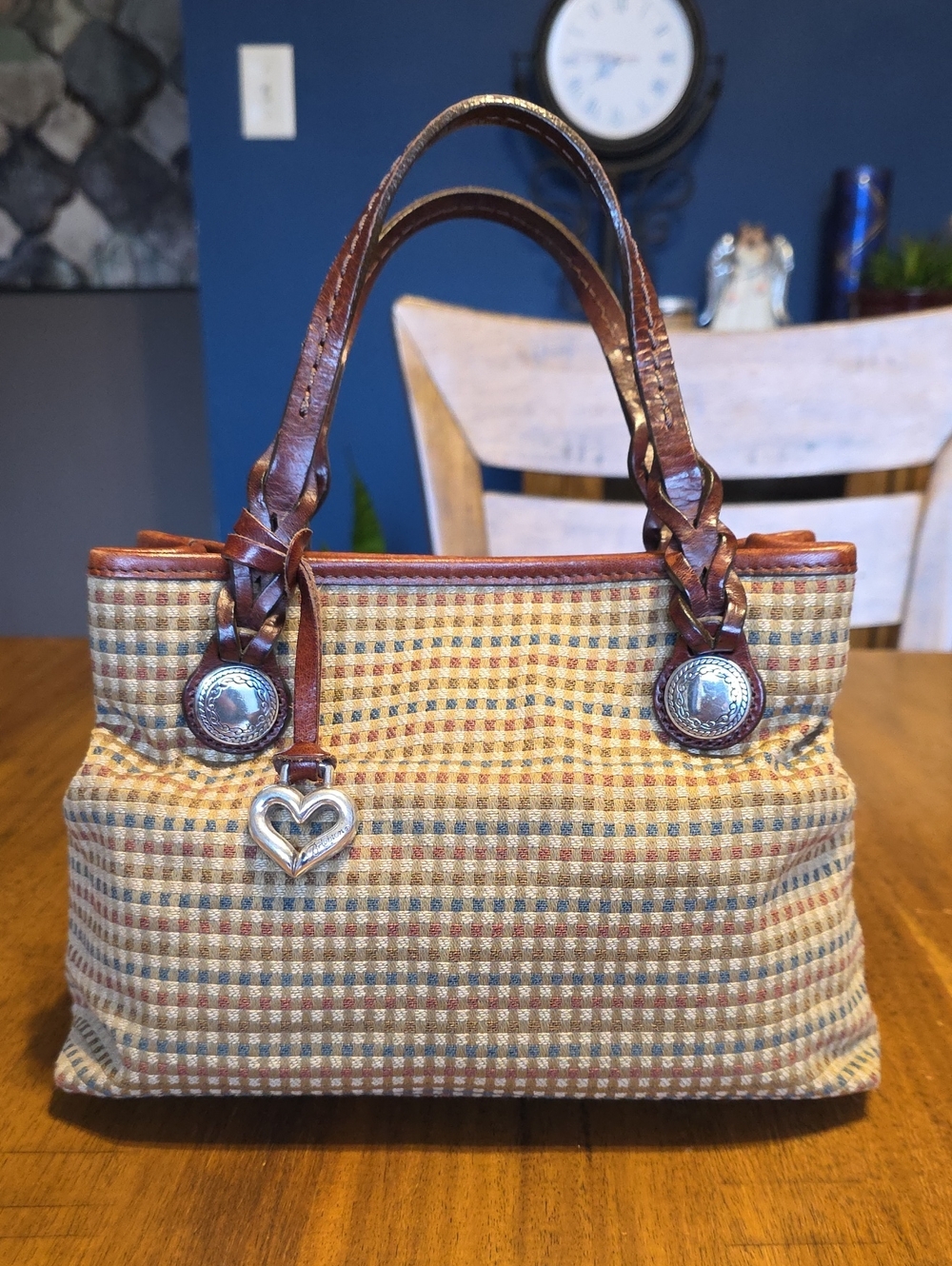 Brighton plaid canvas and brown braided leather handbag